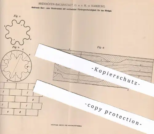 original Patent - Brennöfen Bauanstalt GmbH , Hamburg , 1899 , Rotierende Darrtrommel u. Rösttrommel | Rösten , Darre !!