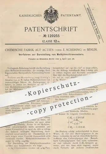 original Patent - Chemische Fabrik auf Aktien / vorm. E. Schering , Berlin , 1901 , Darst. von Methylen - Citronensäure