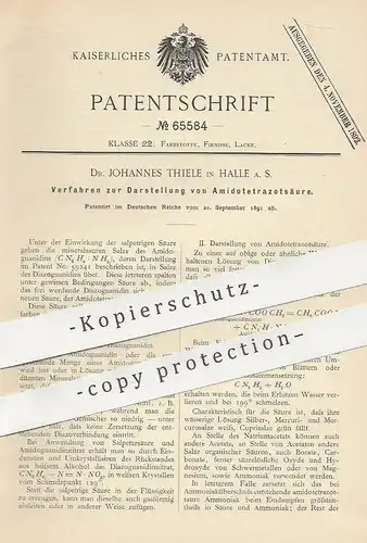 original Patent - Dr. Johannes Thiele , Halle / Saale , 1891 , Darstellung von Amidotetrazotsäure | Säure , Chemie !!!