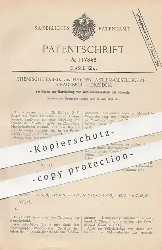 original Patent - Chemische Fabrik von Heyden AG , Radebeul / Dresden , 1898 , Darst. von Kohlesäureester von Phenol