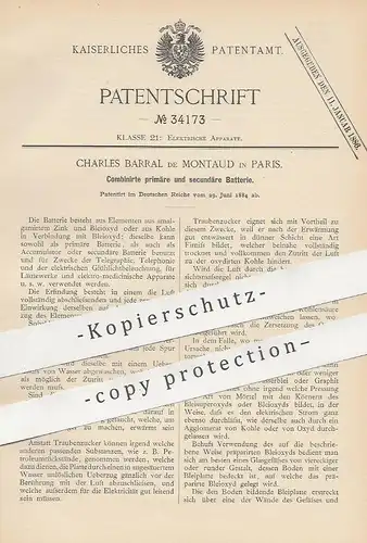 original Patent - Charles Barral de Montaud , Paris , Frankreich , 1884 , Kombinierte primäre und sekundäre Batterie !!