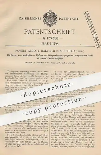 original Patent - Robert Abbott Hadfield , Sheffield , England , 1898 , manganarmer Stahl zum Gießen | Geschosse !!