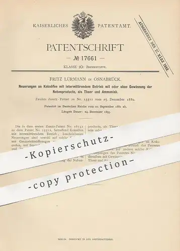 original Patent - Fritz Lürmann , Osnabrück , 1881 , Koksofen | Koks - Ofen | Ofenbauer , Teer , Ammoniak , Feuerung