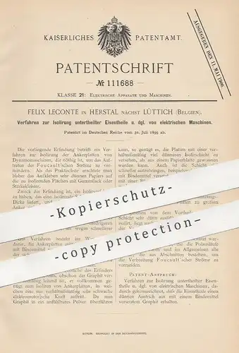 original Patent - Felix Leconte , Herstal / Lüttich , Belgien , 1899 , Isolierung der Eisenteile an elektr. Maschinen