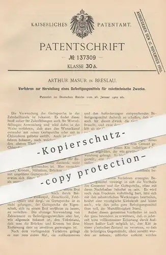 original Patent - Arthur Masur , Breslau , 1902 , Befestigungsmittel für Zähne | Zahnarzt , Zahnfüllung , Guttapercha