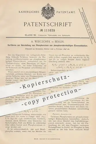 original Patent - A. Wieczorek , Berlin , 1898 , Phosphoreisen aus Eisenschlacke | Phosphor , Eisen | Chemie