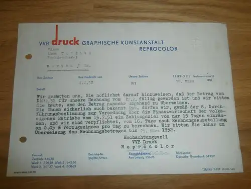 altes Dokument - VEB Druck Kunstanstalt  in Leipzig , 1952 , Teubnerstrasse ,  A. Colditz in Hartha i. Sa !!!
