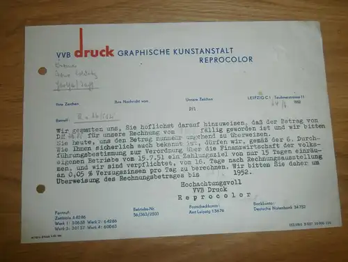 altes Dokument - VEB Druck Kunstanstalt  in Leipzig , 1952 , A. Colditz in Hartha i. Sa !!!