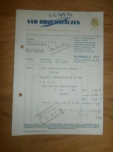 altes Dokument - VEB Druckwalzen  in Leipzig , 1955 , Böttcher , Walzen , Druckerei , A. Colditz in Hartha i. Sa !!!