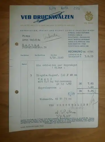 altes Dokument - VEB Druckwalzen  in Leipzig , 1954 , Böttcher , Walzen , Druckerei , A. Colditz in Hartha i. Sa !!!