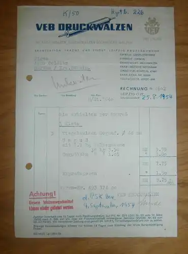 altes Dokument - VEB Druckwalzen  in Leipzig , 1954 , Walzen , Druckerei , A. Colditz in Hartha i. Sa !!!