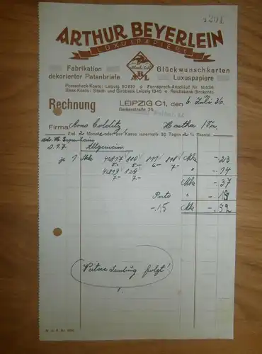 altes Dokument - Arthur Beyerlein  in Leipzig , 1936 , Luxuspapiere , Patentbriefe , A. Colditz in Hartha i. Sa !!!