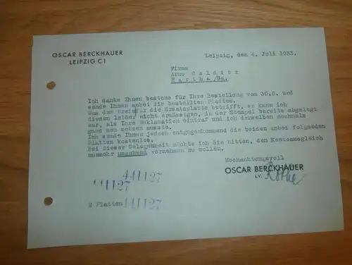 altes Dokument - Oscar Berckhauer in Leipzig , 1933 , Stempelfabrik , Stempel , A. Colditz in Hartha i. Sa !!!