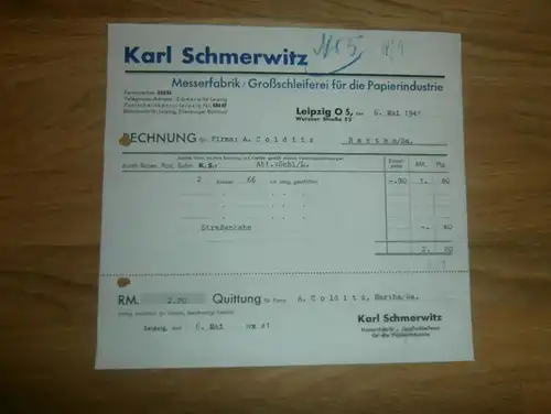 altes Dokument - Karl Schmerwitz in Leipzig , 1941 , Messerfabrik , Schleiferei , A. Colditz in Hartha i. Sa !!!