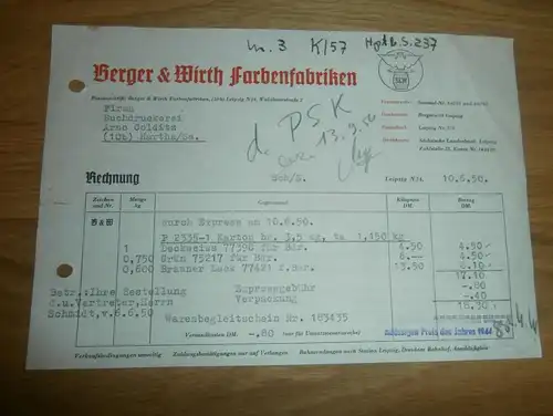 altes Dokument - Berger & Wirth in Leipzig , 1950 , Farbenfabrik , Farben , A. Colditz in Hartha i. Sa !!!
