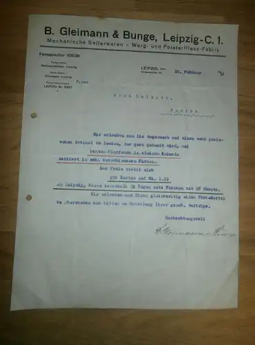 altes Dokument - Gleimann & Bunge in Leipzig , 1927, Polsterfliess-Fabrik , A. Colditz in Hartha i. Sa !!!