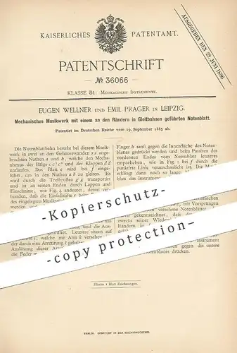 original Patent - Eugen Wellner , Emil Prager , Leipzig , 1885 , Mechanisches Musikwerk mit Notenblatt | Musikinstrument