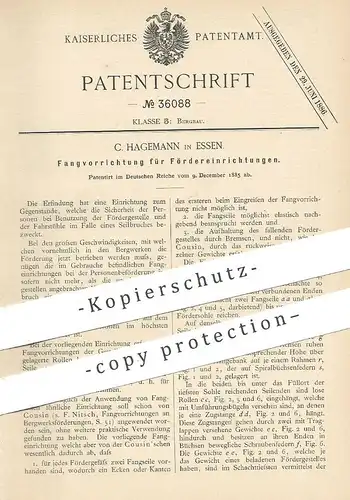 original Patent - C. Hagemann , Essen , 1885 , Fangvorrichtung für Fördereinrichtungen | Bergbau , Bergwerk !!