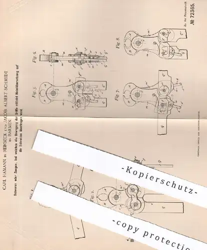 original Patent - Carl Hamann , Reinbeck | Jacob Albert Schmidt , Barmen , 1892 , Schere , Zange | Werkzeug !!!