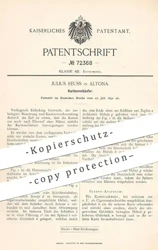 original Patent - Julius Reuss , Hamburg Altona , 1892 , Kartenverkäufer | Karten - Automat mit Münzeinwurf | Automaten
