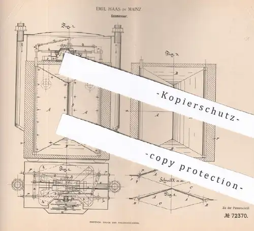 original Patent - Emil Haas , Mainz , 1892 , Gasmesser | Messung von Gas | Gasbrenner , Brenner , Beleuchtung !!!