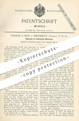 original Patent - Charles C. Peck , Middlebury , Vermont , USA , 1889 , elektrische Maschine | Elektromotor | Elektrik