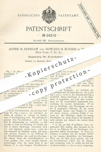 original Patent - Alfred H. Renshaw , Howard H. Burden , Troy , New York , USA , 1890 , Kupplung für Eisenbahnen | Lok