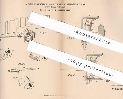 original Patent - Alfred H. Renshaw , Howard H. Burden , Troy , New York , USA , 1890 , Kupplung für Eisenbahnen | Lok