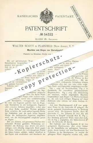 original Patent - Walter Scott , Plainfield , New Jersey , USA , 1889 , Biegen von Stereotypplatten | Druck , Buchdruck