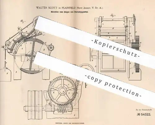 original Patent - Walter Scott , Plainfield , New Jersey , USA , 1889 , Biegen von Stereotypplatten | Druck , Buchdruck