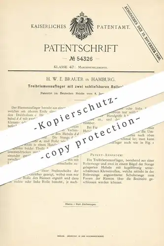 original Patent - H. W. E. Brauer , Hamburg , 1890 , Treibriemenaufleger | Treibriemen | Maschinen - Riemen | Motor !!!