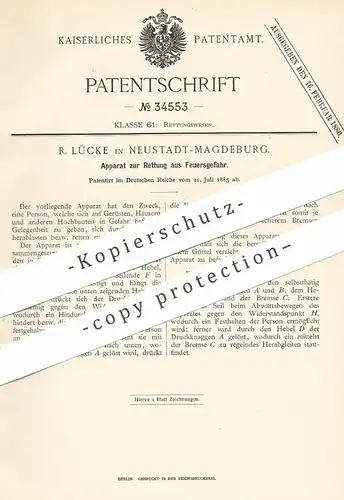 original Patent - R. Lücke , Neustadt / Magdeburg 1885 , Apparat zur Rettung aus Feuergefahr | Feuer , Brand | Feuerwehr