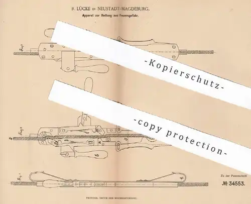 original Patent - R. Lücke , Neustadt / Magdeburg 1885 , Apparat zur Rettung aus Feuergefahr | Feuer , Brand | Feuerwehr