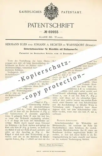 original Patent - Hermann Eger , Johann A. Richter , Warnsdorf / Böhmen , 1892 , Ausrücker für Webstuhl | Weben , Weber