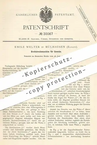 original Patent - Emile Welter , Mülhausen / Elsass , 1884 , Breitstreckmaschine für Gewebe | Stoff | Schneider !!