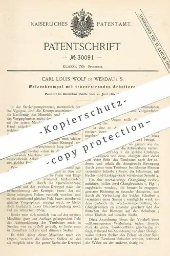 original Patent - Carl Louis Wolf , Werdau i. S. , 1884 , Walzenkrempel mit traversierenden Arbeitern | Spinnmaschine !