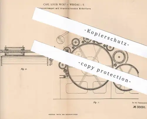 original Patent - Carl Louis Wolf , Werdau i. S. , 1884 , Walzenkrempel mit traversierenden Arbeitern | Spinnmaschine !