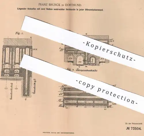 original Patent - Franz Brunck , Dortmund , 1892 , Liegender Koksofen | Ofen , Öfen , Ofenbauer | Koks , Kohle !!!