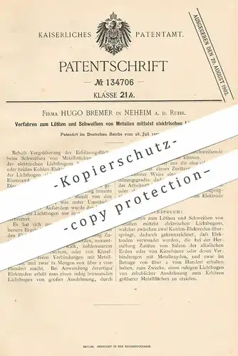 original Patent - Hugo Bremer , Neheim / Ruhr , 1900 , Löten u. Schweißen von Metall per elektrischem Lichtbogen | Strom