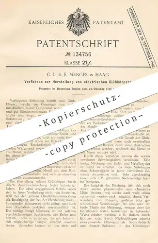 original Patent - C. L. R. E. Menges , Haag , 1898 , Herst. elektrischer Glühkörper | Glühlampe , Elektriker , Strom