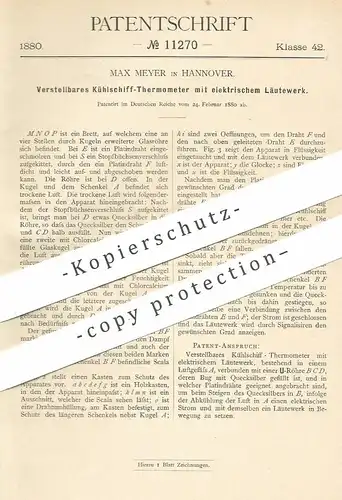 original Patent - Max Meyer , Hannover , 1880 , Kühlschiff - Thermometer mit elektr. Läutewerk | Quecksilber !!