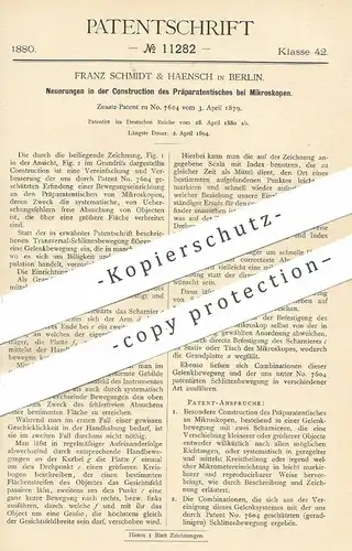 original Patent - Franz Schmidt & Haensch , Berlin , 1880 , Präparatentisch am Mikroskop | Mikroskope !!