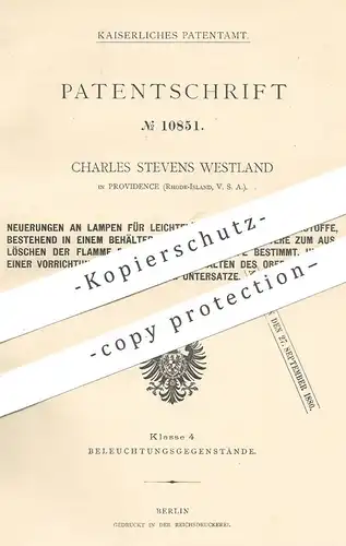 original Patent - Charles Stevens Westland , Providence Rhode Island USA , 1880 , Lampe für flüchtigen Kohlenwasserstoff