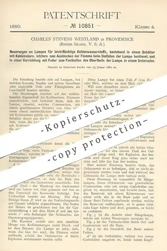 original Patent - Charles Stevens Westland , Providence Rhode Island USA , 1880 , Lampe für flüchtigen Kohlenwasserstoff