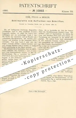 original Patent - Emil Pflug , Berlin , 1880 , Schildplatte zum Aufreihen von Papier | Ordner , Klammer , Büroklammer !