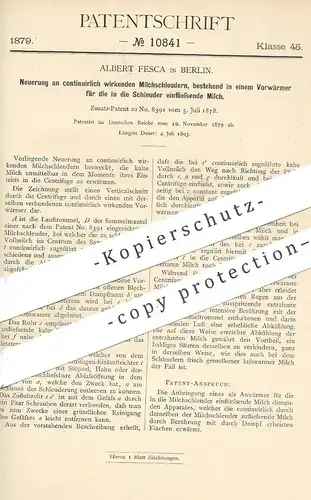 original Patent - Albert Fesca , Berlin , 1879 , Milchschleuder | Milch - Schleuder | Vorwärmer , Tierzucht , Milchkühe