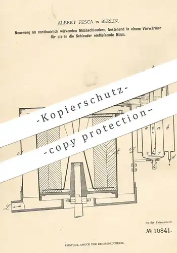 original Patent - Albert Fesca , Berlin , 1879 , Milchschleuder | Milch - Schleuder | Vorwärmer , Tierzucht , Milchkühe