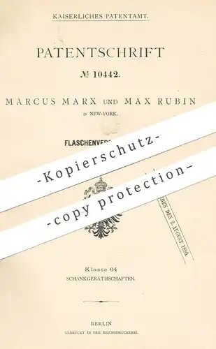 original Patent - Marcus Marx , Max Rubin , New York , 1880 , Flaschenverschluss | Verschluss für Flaschen | Korken !!