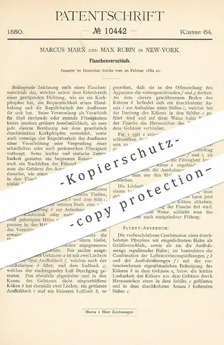 original Patent - Marcus Marx , Max Rubin , New York , 1880 , Flaschenverschluss | Verschluss für Flaschen | Korken !!