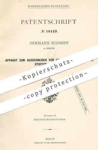 original Patent - Hermann Schmidt , Berlin 1879 , Ausschneiden gemusterter Ränder an Stoff | Schere , Walze , Schneider